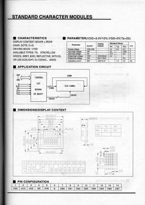 キャラクタLCDモジュール 8文字x2行 バックライトなし 黒色表示灰色背景 W40xH35xT8 1個パック